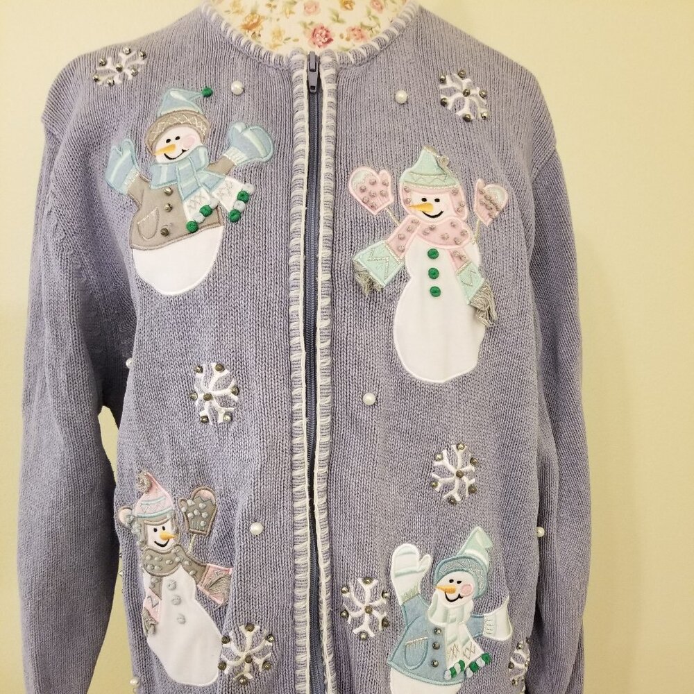 Snowman and Snow flakes Holiday Zipper Cardigan by Crystal Kobe Size L